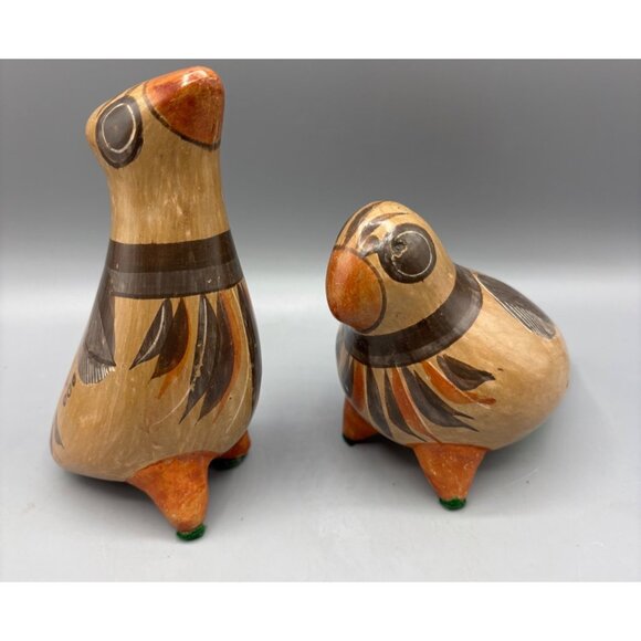 Vtg Tonala Mexican Folk Art Pottery Bird Hand Painted Set of 2 - Picture 1 of 12